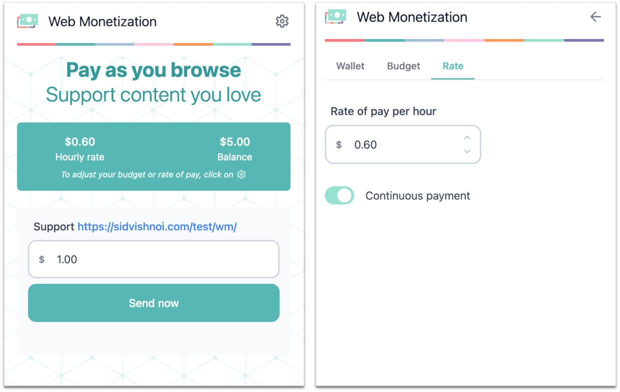 A screenshot showing how to edit the Web Monetization extension's hourly rate settings and send a one time payment.