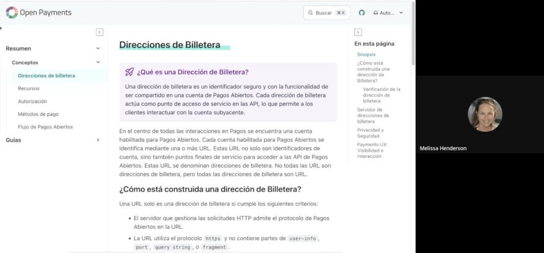 Slide presentation of an Open Payments documentation page translated into Spanish. 
